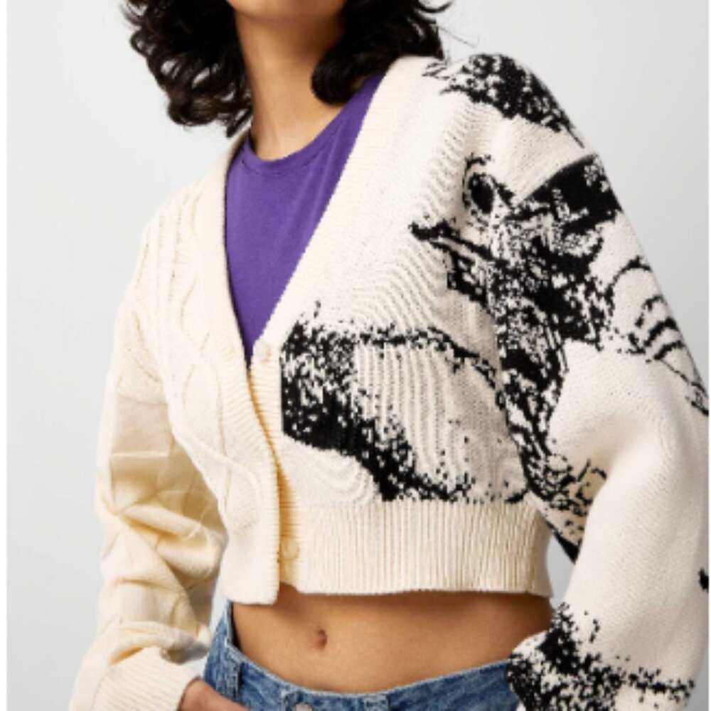 Obey The David Cream & Black Cropped Cardigan NWT